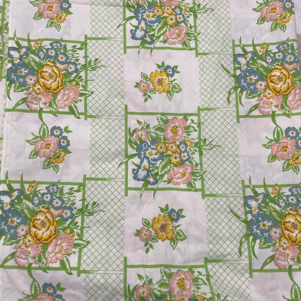 VINTAGE CANNON MONTICELLO QUEEN‎  SIZE SHEET SET RETRO FLORAL & LATTICE 1970'S